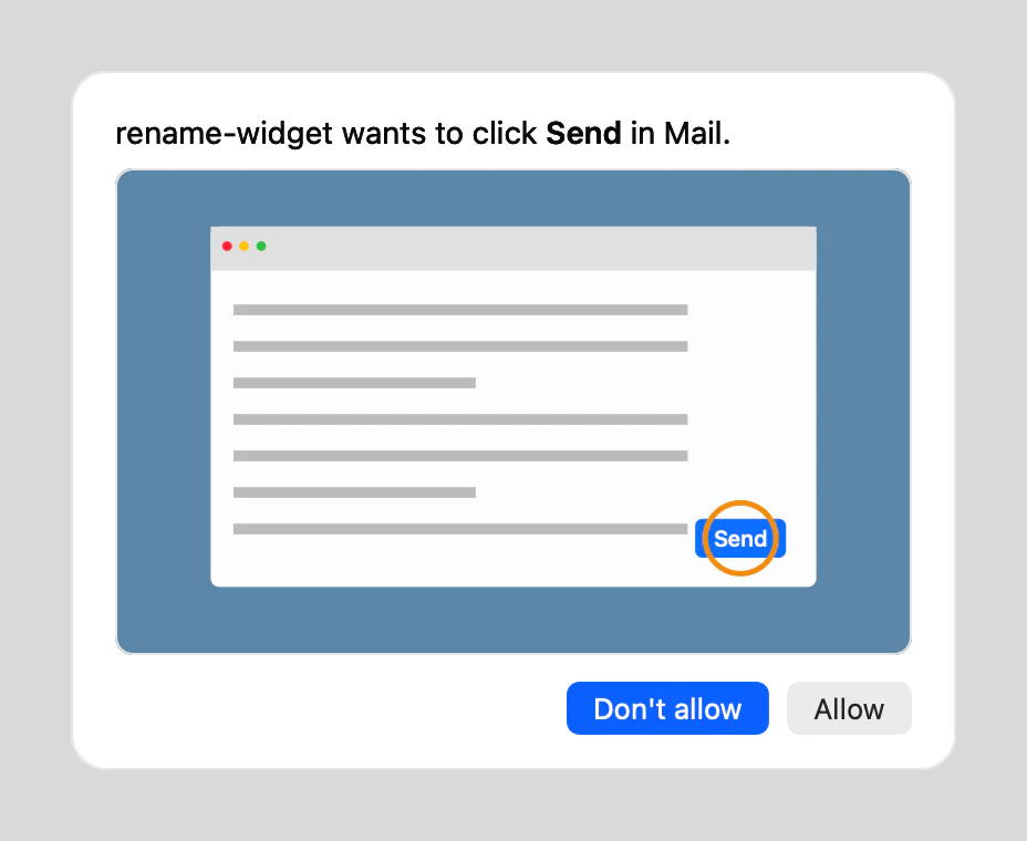 A panel: rename-widget wants to click Send in Mail. It shows the Mail window with the Send button circled, and the buttons Don't allow and Allow.