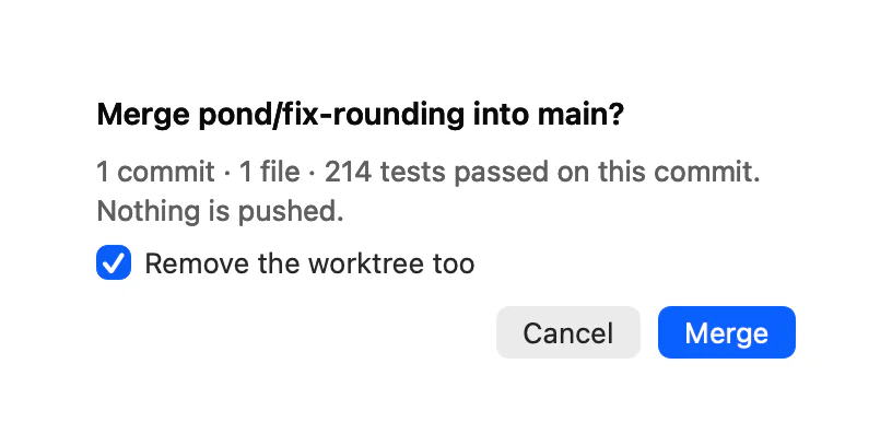 A sheet: Merge pond/fix-rounding into main? 1 commit, 1 file, 214 tests passed on this commit. Nothing is pushed. A ticked box, Remove the worktree too, and the buttons Cancel and Merge.